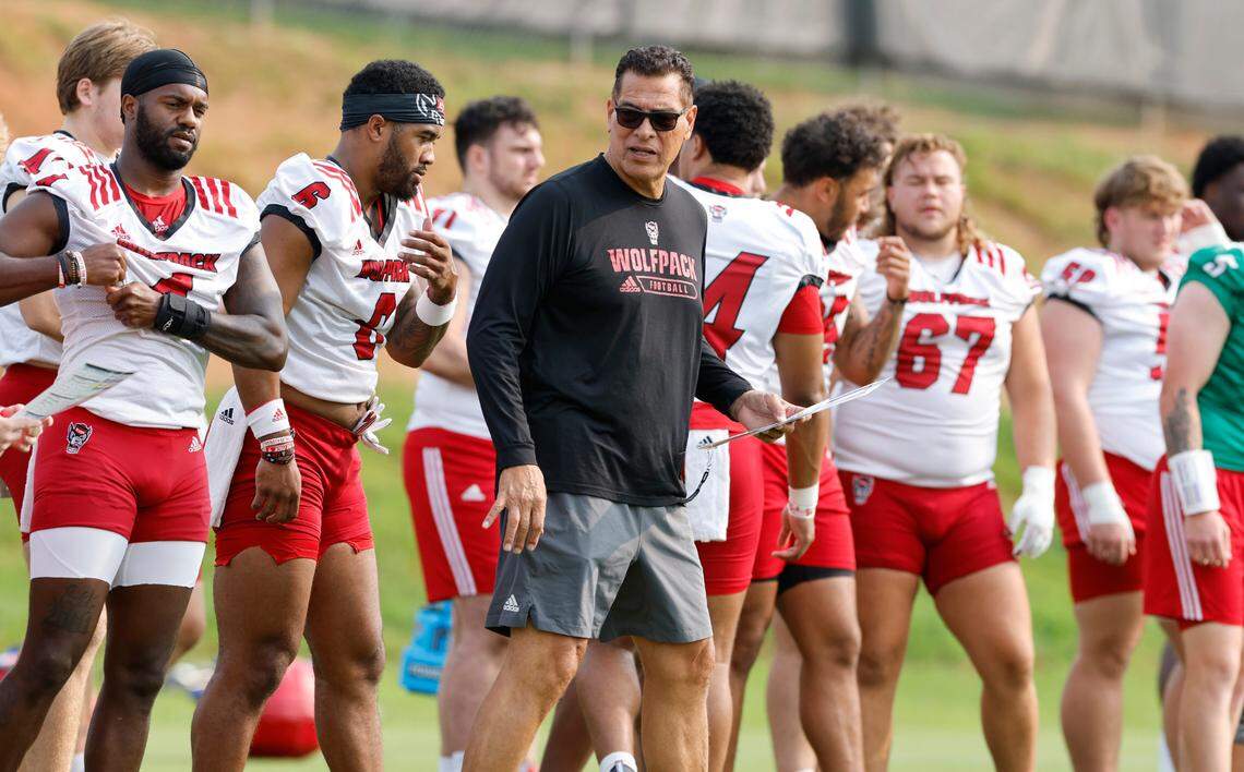 N.C. State offensive coordinator Robert Anae watches during the Wolfpack’s first fall practice in Raleigh, N.C., Wednesday, August 2, 2023.