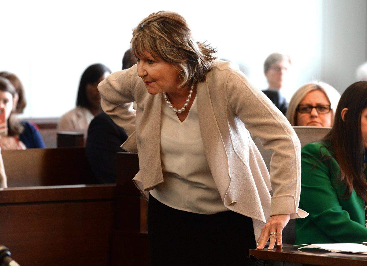 Candace Zamperini, sister of Kathleen Peterson directs her ire at Michael Peterson and defense attorney David Rudolf during the victims statements portion of Peterson’s hearing at the Durham County Courthouse, in Durham, N.C. Friday, Feb. 24, 2017. Peterson took entered an Alford plea to a charge of voluntary manslaughter. In accepting an Alford plea, a defendant can maintain his or her innocence while acknowledging prosecutors have enough evidence for a conviction. During a press conference afetrwards Peterson and Rudolf maintained Peterson’s innocence and claimed malfeasance of the Durham police department were the reasons for his conviction.