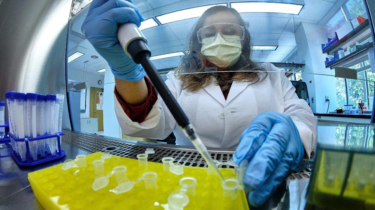 A technician uses a pipette to fill test tubes at the U.S. Precision Medicine Science Center in Cambridge, Massachusetts. A Thermo Fisher Scientific plant in western Orange County will manufacture precision pipette tips for laboratory, research and bioscience use.