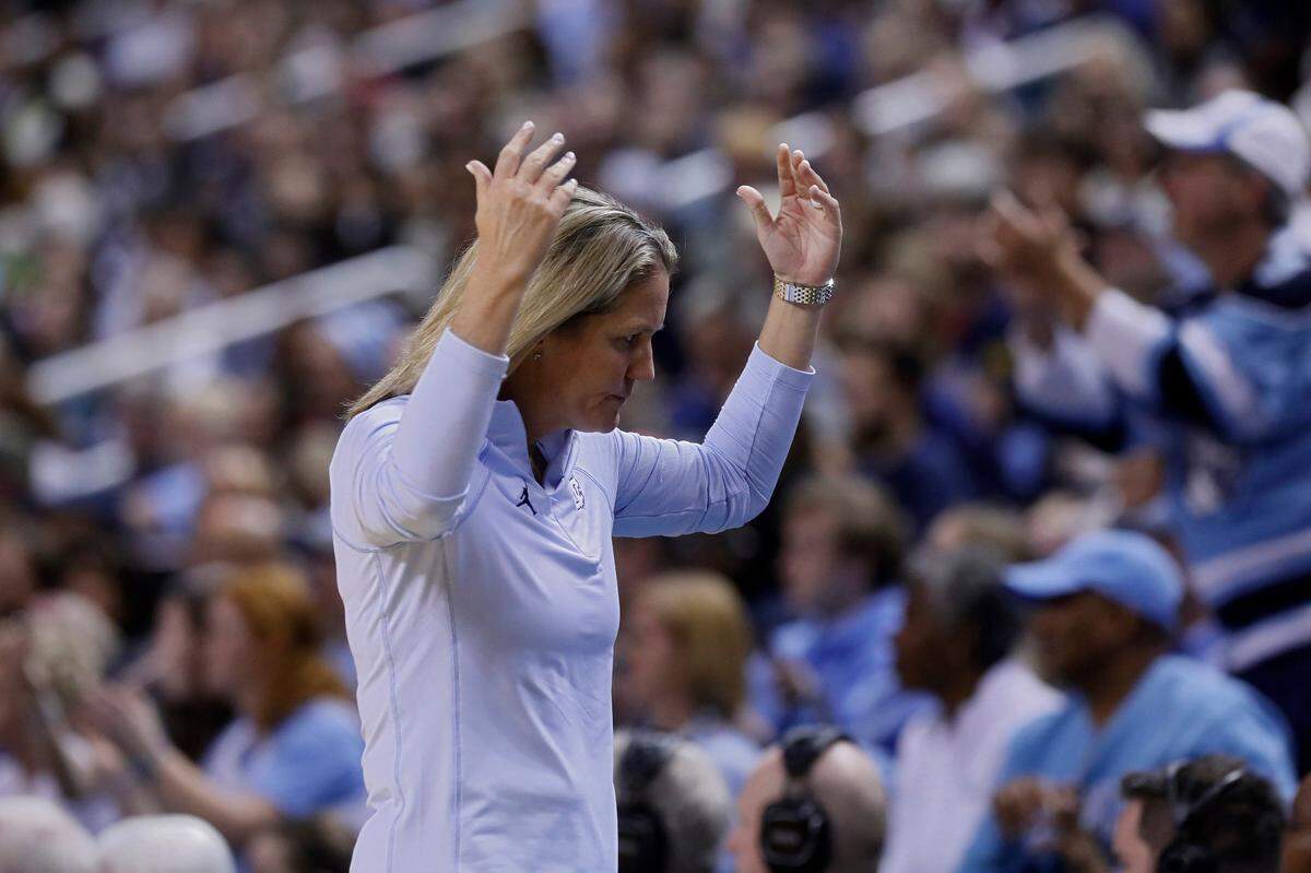 North Carolina head coach Courtney Banghart reacts during the second half of the Tar Heels’ 69-58 loss to UConn on Friday, Nov. 15, 2024, at First Horizon Coliseum in Greensboro, N.C.