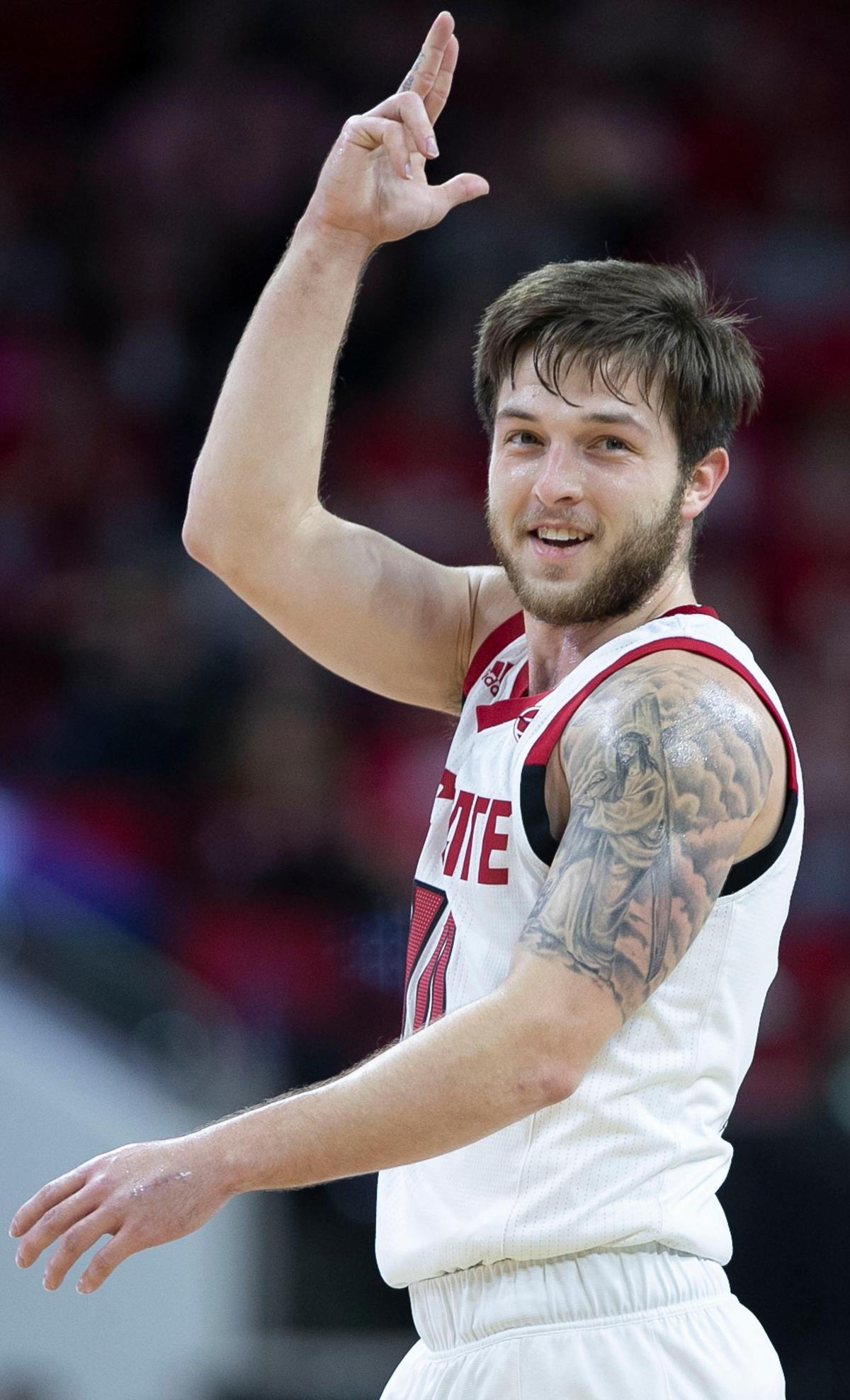 N.C. State’s Braxton Beverly (10) reacts after a basket in the second half against Loyola on Friday, December 28, 2018 at the PNC Arena in Raleigh, N.C. Beverly scored 13 points in the Wolfpack’s 97-64 victory.