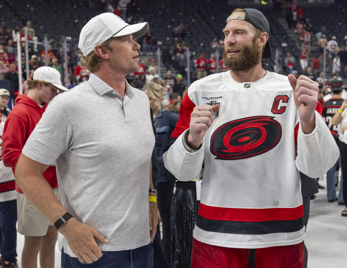 Carolina Hurricanes captain Jordan Staal (11) talks with his brother Eric Staal, a member of the Hurricanes’ 2006 Stanley Cup team, during a post game celebration on Sunday, June 14, 2026 at T-Mobile Arena in Las Vegas, NV.