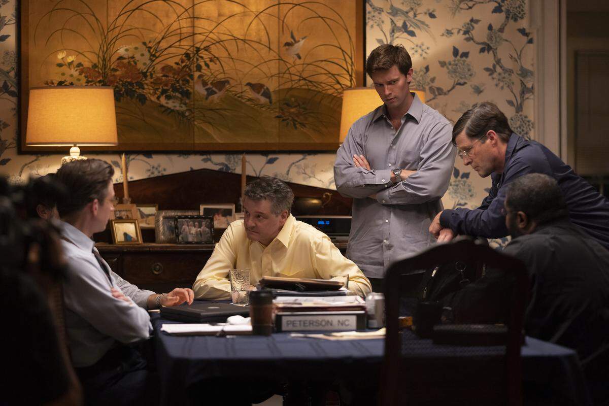 (L-R): Justice Leaks as Tom Maher, Colin Firth as Michael Peterson, Patrick Schwarzenegger as Todd Peterson, Tim Guinee as Bill Peterson and Robert Crayton as Ron Guerette in the HBO Max series “The Staircase.”