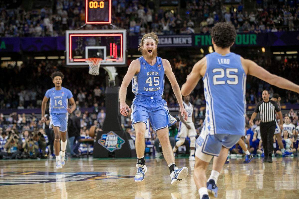 North Carolinas Brady Manek (45) reacts as time expires and the Tar Heels celebrate their 81-77 victory over Duke in the the NCAA Final Four semi-final on Saturday, April 2, 2022 at Caesars Superdome in New Orleans, La.