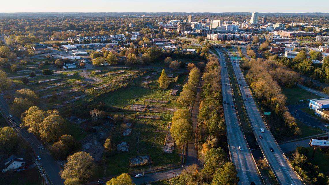 In the 1960s and early 70s, the Hayti neighborhood was upended for the construction of the Durham Freeway, pictured here on November 16, 2020 leading into downtown.