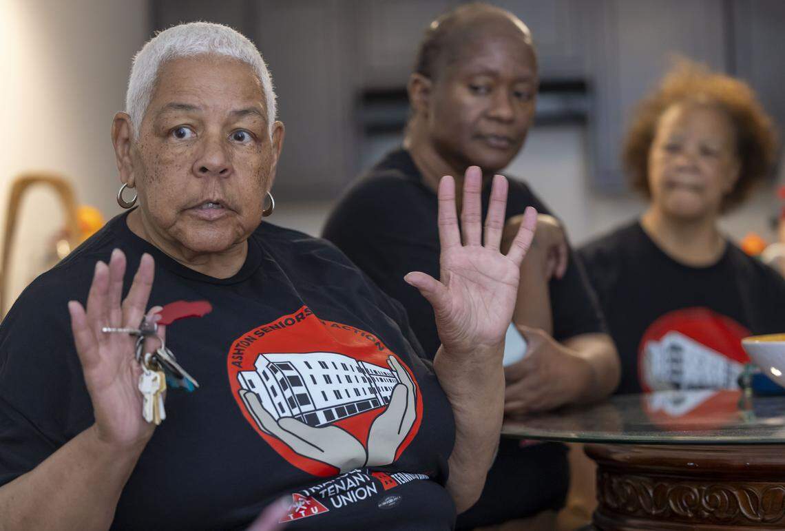 Ashton Place Apartments resident Shelva Washington voices some of her concerns about maintenance, garbage and safety, during a meeting with fellow residents on Thursday, April 16, 2026 in Durham, N.C.
