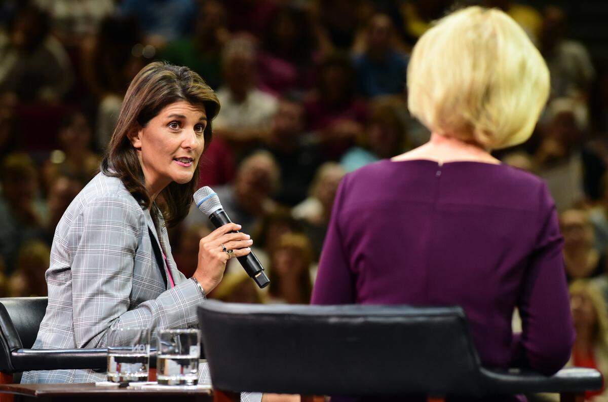 Nikki Haley, former U.S. Ambassador to the United Nations, left, takes part in a question-and-answer session with Dr. Aldona Wos, the former U.S. ambassador to Estonia, during the first event in Elon University’s 2019-20 Speaker Series.
