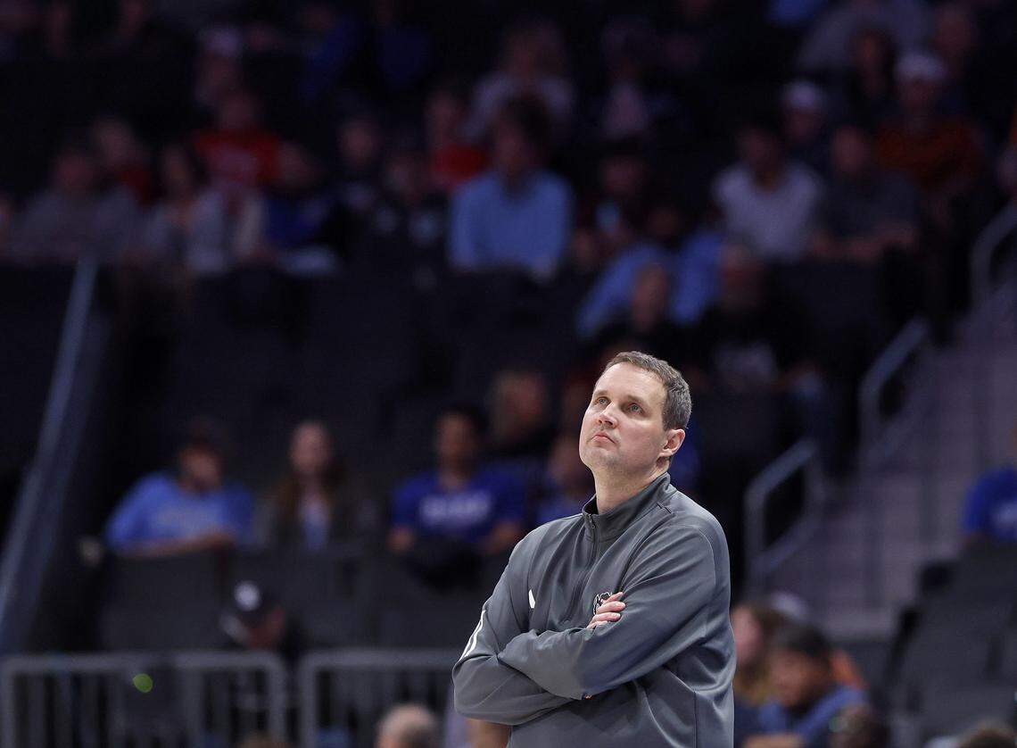 N.C. State head coach Will Wade watches the second half of the Wolfpack’s 81-74 loss to Virginia in the ACC Tournament quarterfinals on Thursday, March 12, 2026, at the Spectrum Center in Charlotte, N.C. 