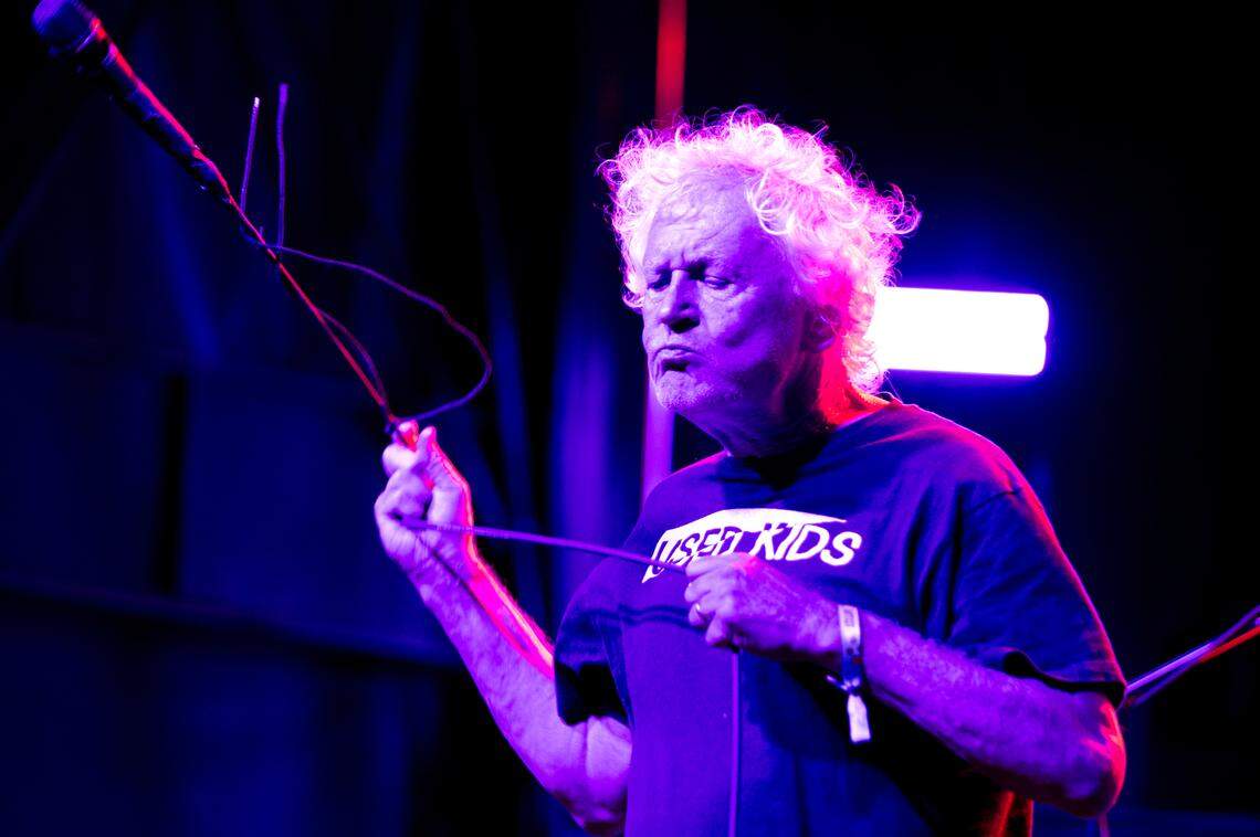 Robert Pollard, lead singer of Guided By Voices, twirls his microphone on the final night of the 2024 Hopscotch Music Festival in Raleigh, N.C., Saturday, Sept. 7, 2024.