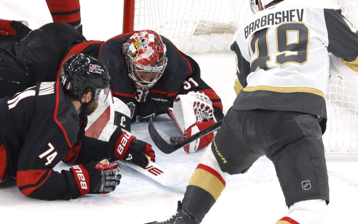 Carolina's Frederik Andersen (31) makes the save in the third period of the Hurricanes’ game against the Golden Knights in the second game of the Stanley Cup Final at the Lenovo Center in Raleigh, N.C., Thursday, June 4, 2026.