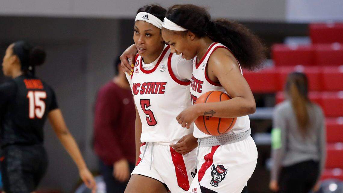 N.C. State’s Kayla Jones (25), right and Jada Boyd (5) walk off the court after N.C. States 89-87 victory over Virginia Tech last season. Boyd has torn a tendon in her hand and will miss the first “couple of months” of the season, coach Wes Moore said.