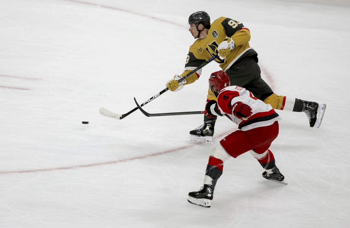 Vegas right wing Mitch Marner (93) shoots the puck, and scores to take 4-0 over the Carolina Hurricanes in the second period in Game 3 of the Stanley Cup Final, on Saturday, June 6, 2026 at T-Mobile Arena in Las Vegas, NV.