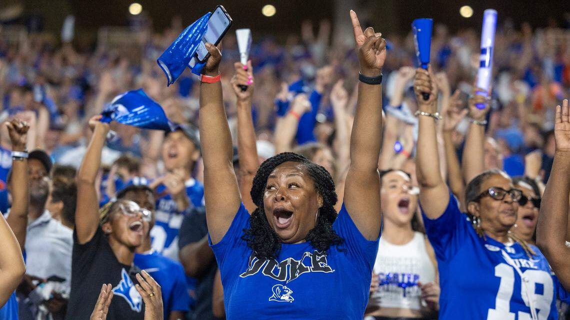 Sue Anderson the mother of Duke’s David Anderson, celebrates after the Blue Devils’ blocked a Clemson field goal attempt in the third quarter on Monday, September 4, 2023 at Wallace Wade Stadium Stadium in Durham, N.C.