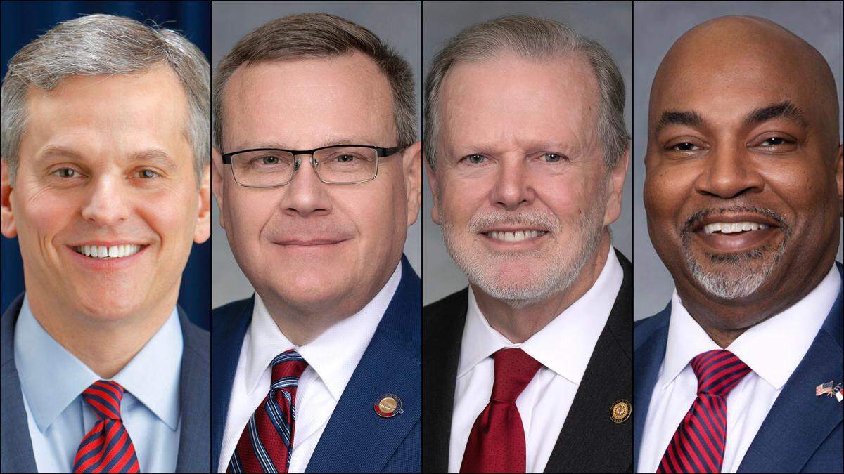 From left, Attorney General Josh Stein, House Speaker Tim Moore, Senate leader Phil Berger and Lt. Gov. Mark Robinson