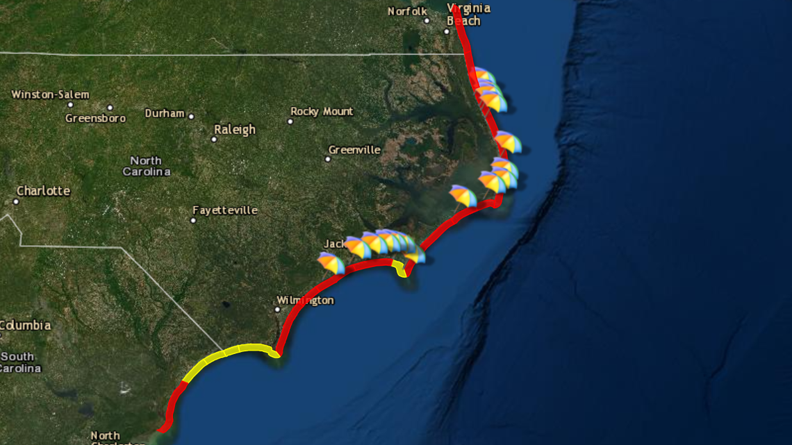 A map from the National Weather Service shows the rip current risk along the North Carolina coast on Sunday, with high risk areas marked in red. Forecasters say beach visitors should stay out of the water as tropical storm Ana is causing dangerous surf conditions.