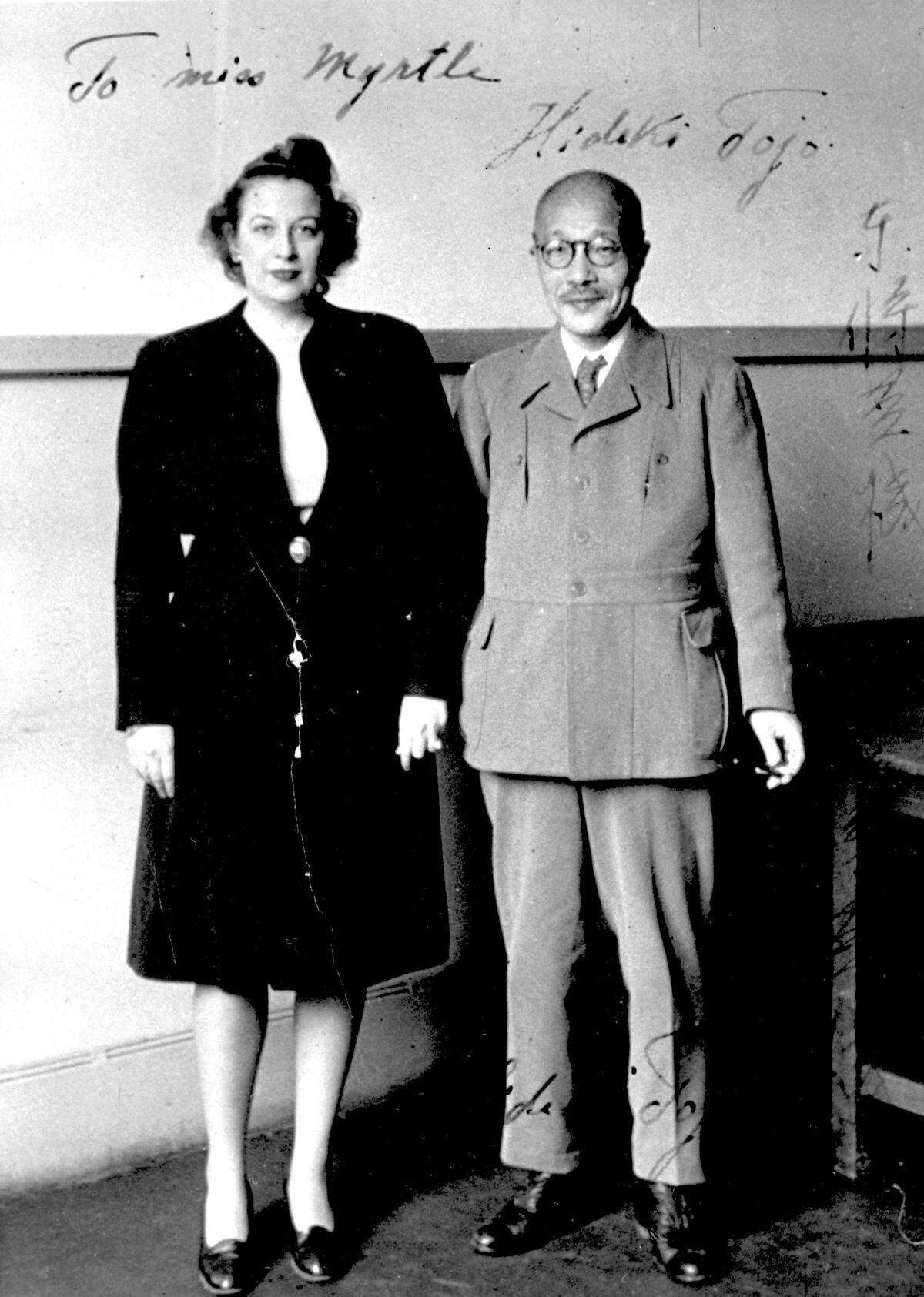 Myrtle Mills Hilton, stenographer for the OSS, and Japanese Gen. Hideki Tojo. Hilton recorded his war crimes trial after World War II.