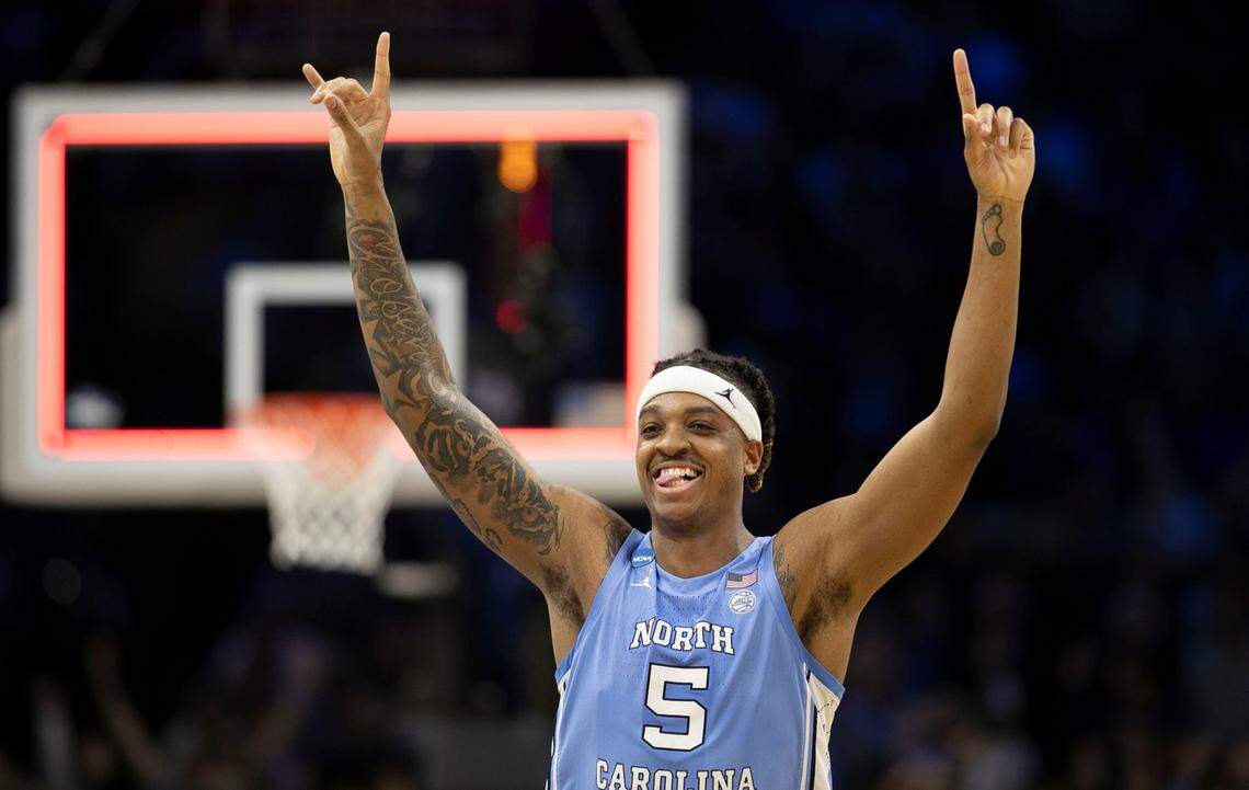 North Carolinas Armando Bacot (5) reacts as time expires and the Tar Heels secure their 73-66 victory over UCLA on Friday, March 25, 2022 during the NCAA East Regional semi-final at Wells Fargo Center in Philadelphia, Pa.