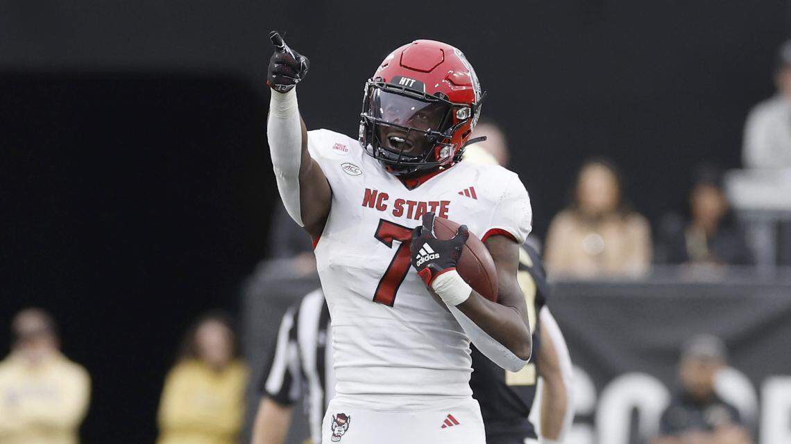 N.C. State cornerback Shyheim Battle (7) celebrates after recovering a Wake Forest fumble during the second half of N.C. State’s 26-6 victory over Wake Forest at Allegacy Stadium in Winston-Salem, N.C., Saturday, Nov. 11, 2023.