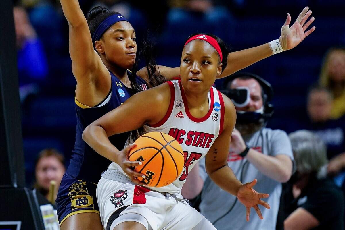 North Carolina State forward Kayla Jones (25) drives against Notre Dame forward Maya Dodson during the first quarter of a college basketball game in the Sweet Sixteen round of the NCAA women’s tournament, Saturday, March 26, 2022.