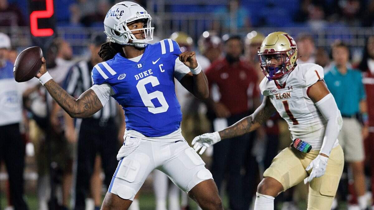 Duke quarterback Maalik Murphy throws a pass during the second half of the Blue Devils’ 26-3 win over Elon on Friday, Aug. 30, 2024, at Wallace Wade Stadium in Durham, N.C.
