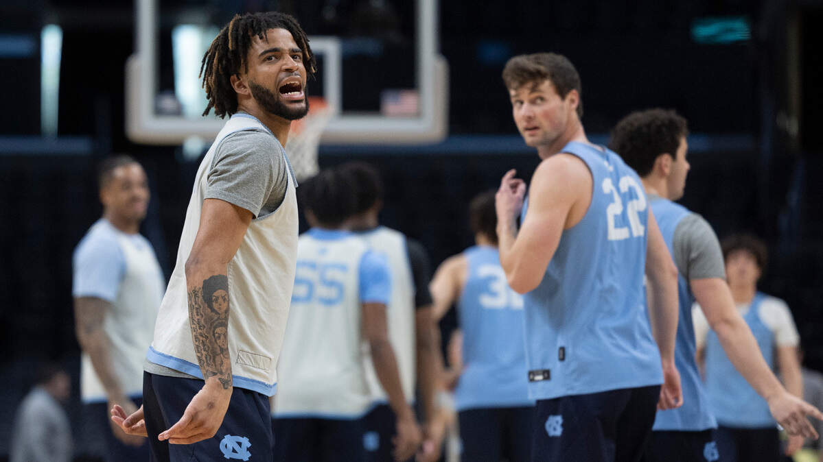North Carolina’s R.J. Davis (4) reacts as he watches his shot fall during the Tar Heels’ practice on Wednesday, March 27, 2024 at Crypto.com Arena in Los Angeles, CA.