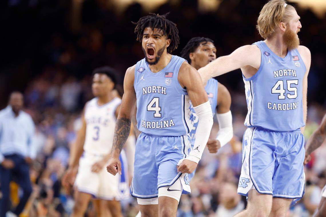 North Carolina’s R.J. Davis (4) celebrates during the second half of UNC’s 81-77 victory over Duke in the Final Four at Caesars Superdome in New Orleans, La., Saturday, April 2, 2022.