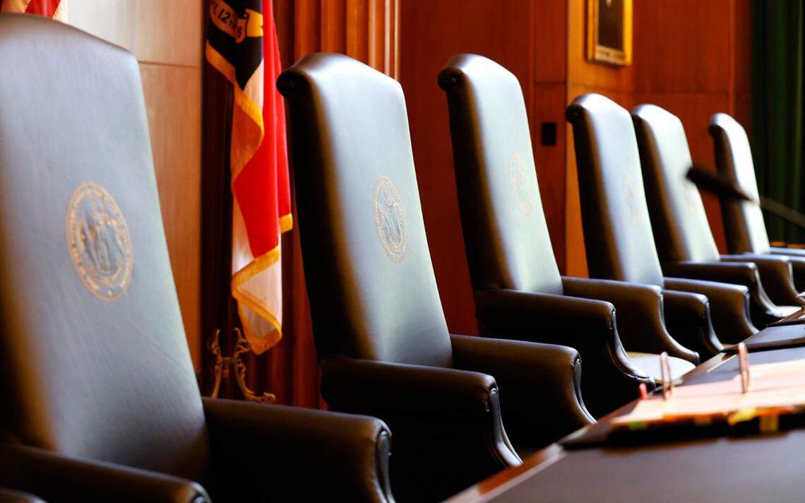 Justice’s chairs are seen in the the N.C. State Supreme Court courtroom at the Justice Building in Raleigh, N.C., Monday, May 9, 2022.