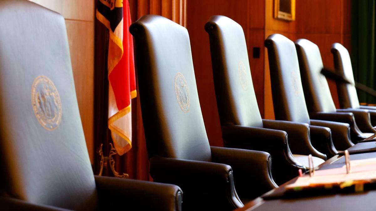 Justice’s chairs are seen in the N.C. State Supreme Court courtroom at the Justice Building in Raleigh, N.C., Monday, May 9, 2022.