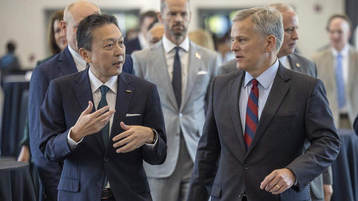 Toshi Iida, Chairman of Fujifilm Biotechnologies talks with North Carolina Governor Josh Stein as they walk to the ribbon cutting for Fujifilm’s $3.2 billion bio-pharmaceutical manufacturing facility grand opening on Wednesday, September, 24, 2025 in Holly Springs, N.C.