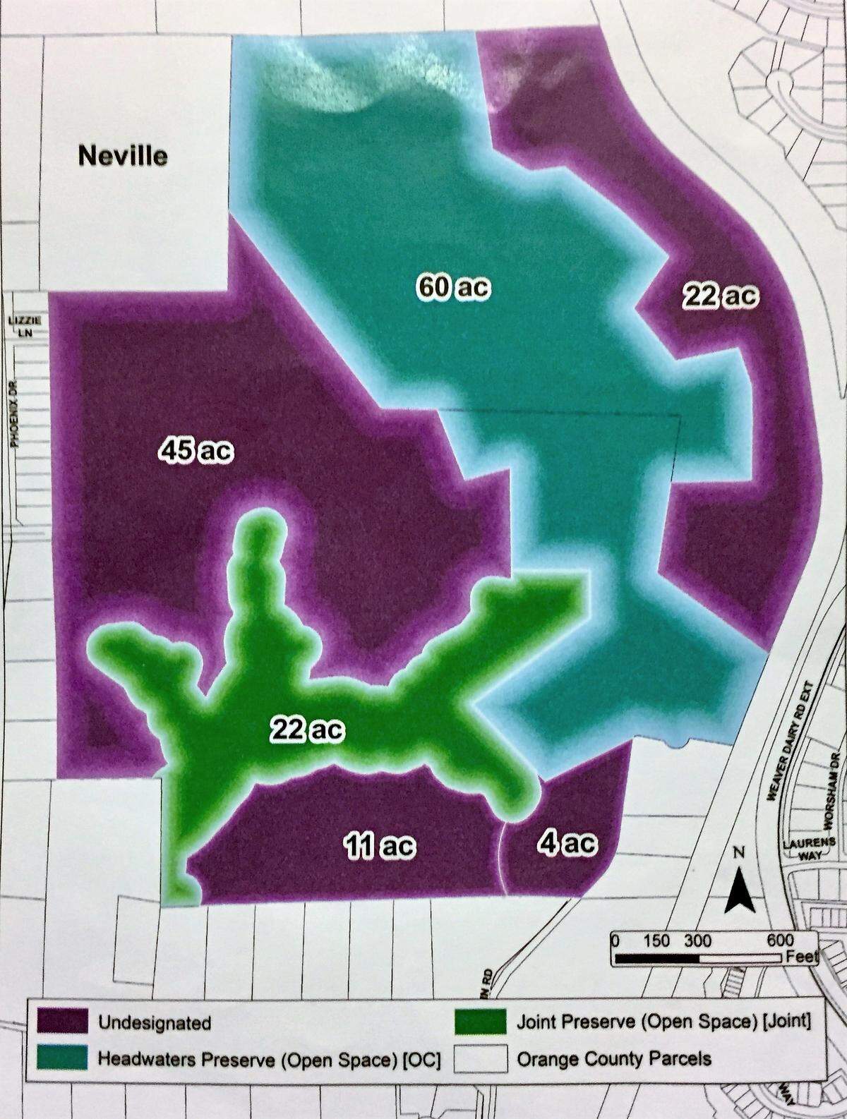 A revised map approved by the Chapel Hill Town Council preserves the same amount of land (green and teal) as a plan that Orange County commissioners and Carrboro aldermen approved in February. However, it leaves undesignated the future land uses on potentially developable land (purple).