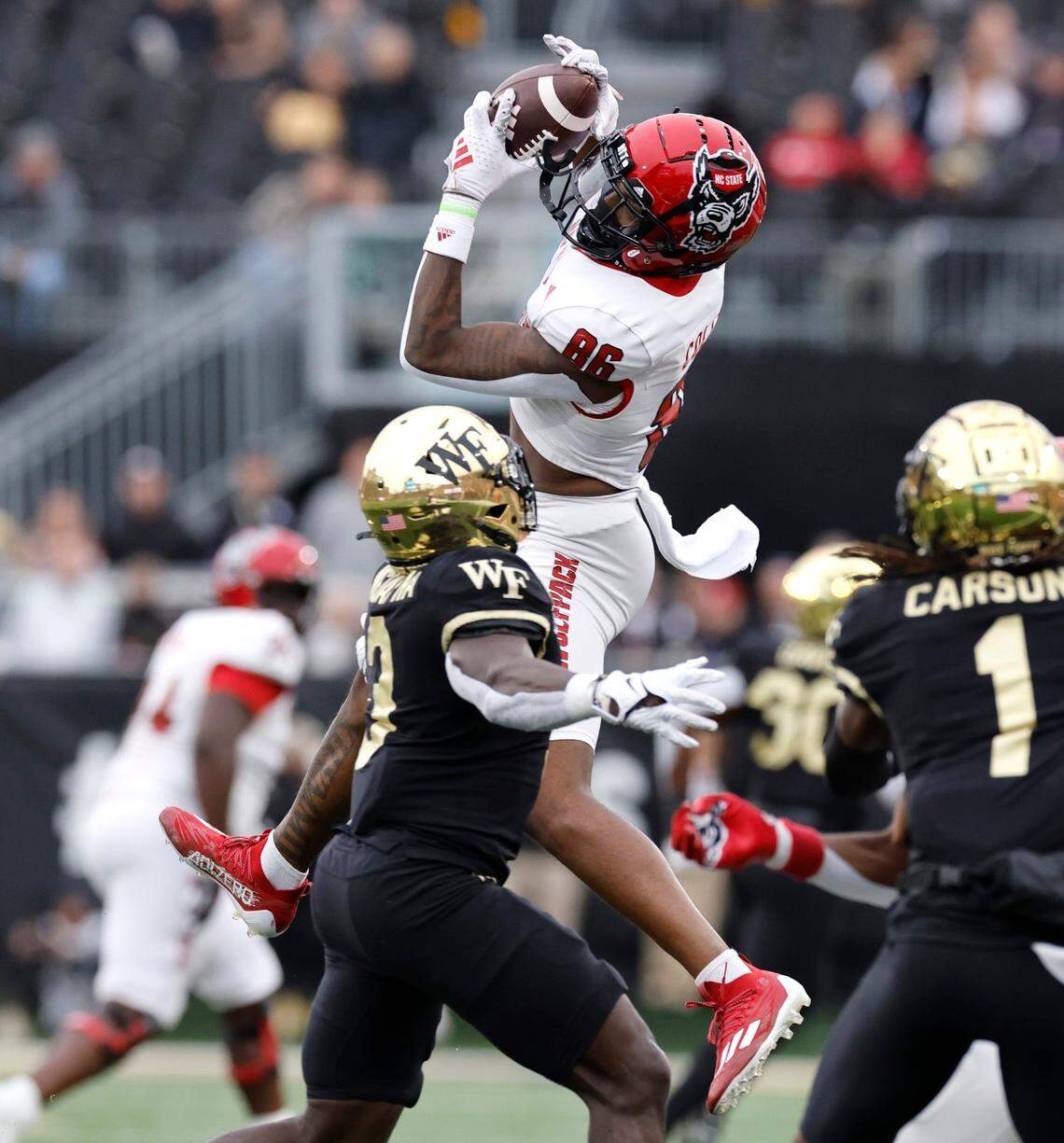N.C. State wide receiver Dacari Collins (86) makes a reception during the second half of N.C. State’s 26-6 victory over Wake Forest at Allegacy Stadium in Winston-Salem, N.C., Saturday, Nov. 11, 2023.