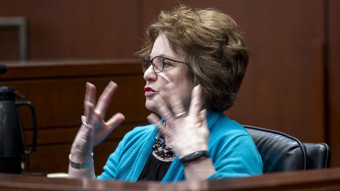 Elise Thompson testifies during a sentencing hearing for her son, Austin Thompson, in Wake County Superior Court.