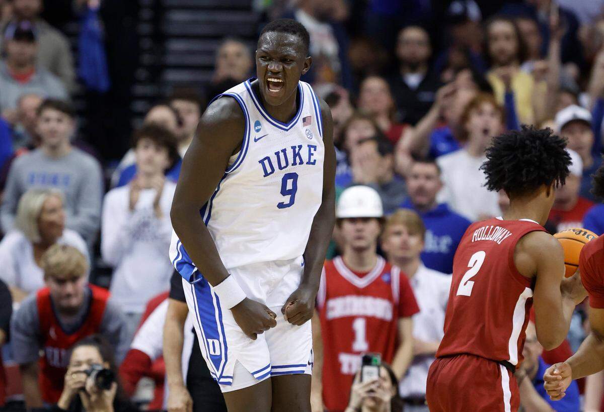 Duke’s Khaman Maluach (9) celebrates after slamming in two during the first half of Duke’s game against Alabama in their Elite 8 game in the 2025 NCAA Men’s Basketball Championship at the Prudential Center in Newark, N.J., Saturday, March 29, 2025.