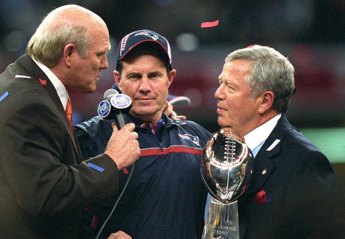 Fox announcer Terry Bradshaw talks with New England Patriots coach Bill Belichickand owner Robert Kraft after Patriots defeated the St. Louis Rams in Super Bowl XXXVI at the Louisiana Superdome in 2002.