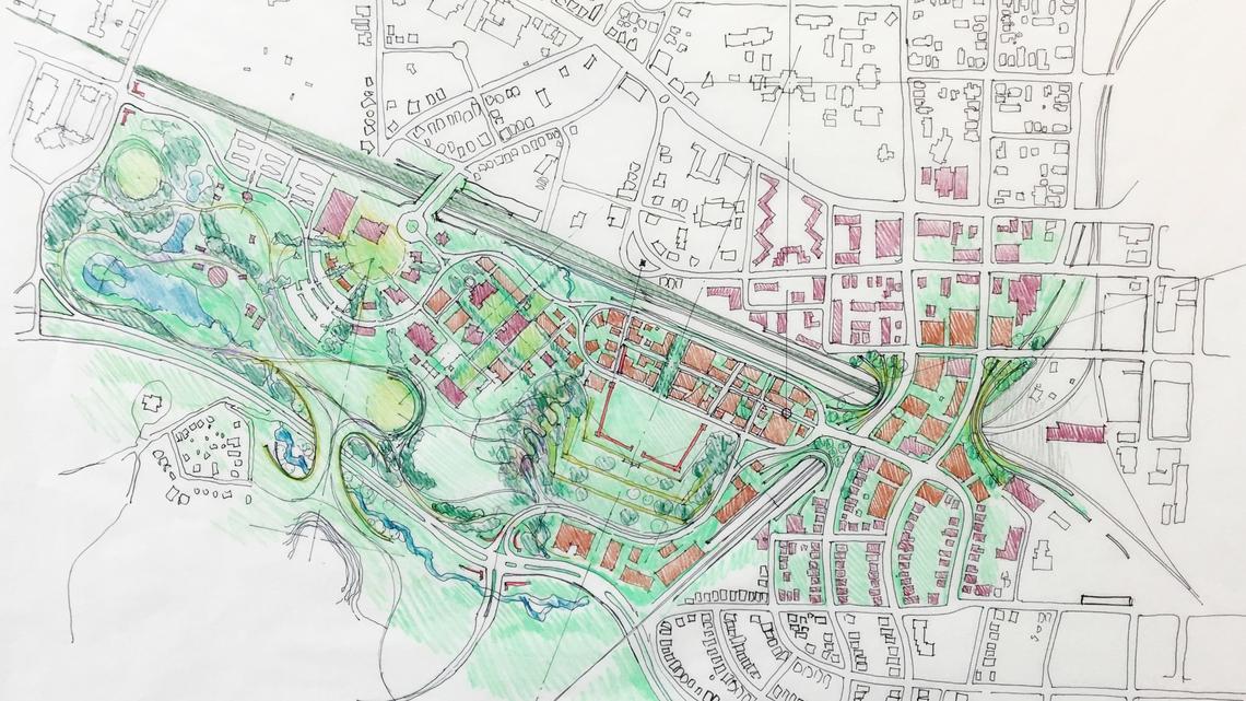 This site plan shows a new memorial at the historic prison walls, important connections from the site to other city amenities and a land bridge connecting downtown to Boylan Heights in the new 81.2-acre development, by the design team headed by Thomas Woltz.