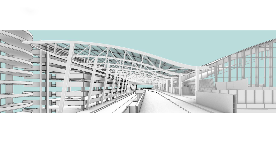 A rendering of one of the options for building a new canopy over the roads between Terminal 2 and the parking decks at Raleigh-Durham International Airport. The existing canopy on the upper level covers only the sidewalk and about half the width of a car at the curb.