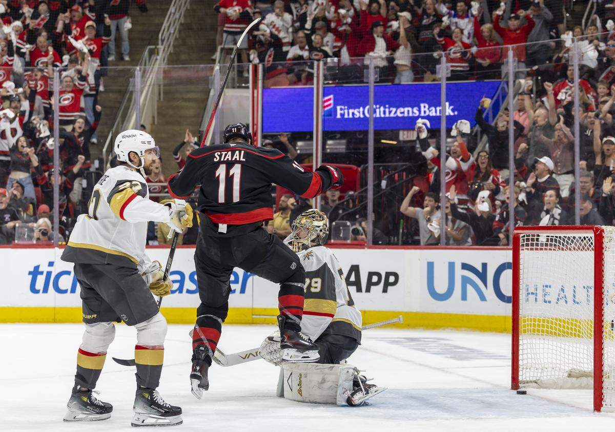 Carolina Hurricanes center Jordan Staal (11) reacts after scoring to tie Vegas 3-3 in the third period in Game 2 of the Stanley Cup Final, on Thursday, June 4, 2026 at Lenovo Center in Raleigh, N.C. 