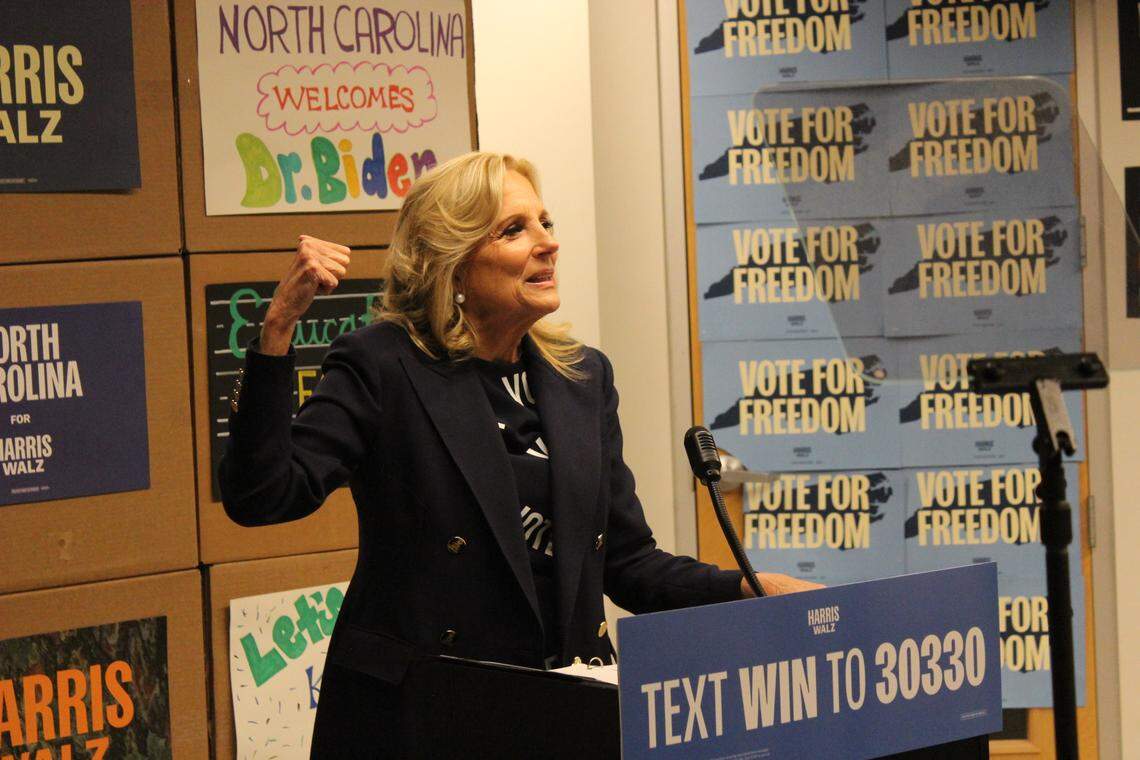 First Lady Jill Biden speaks to canvassers for the Kamala Harris presidential campaign in Durham, North Carolina, on Nov. 4, 2024.