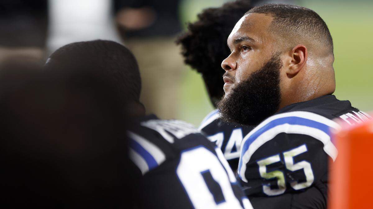 Duke defensive tackle Ja’Mion Franklin watches from the sideline during the Blue Devils’ game against North Carolina on Saturday, Oct. 15, 2022, at Wallace Wade Stadium in Durham, N.C.