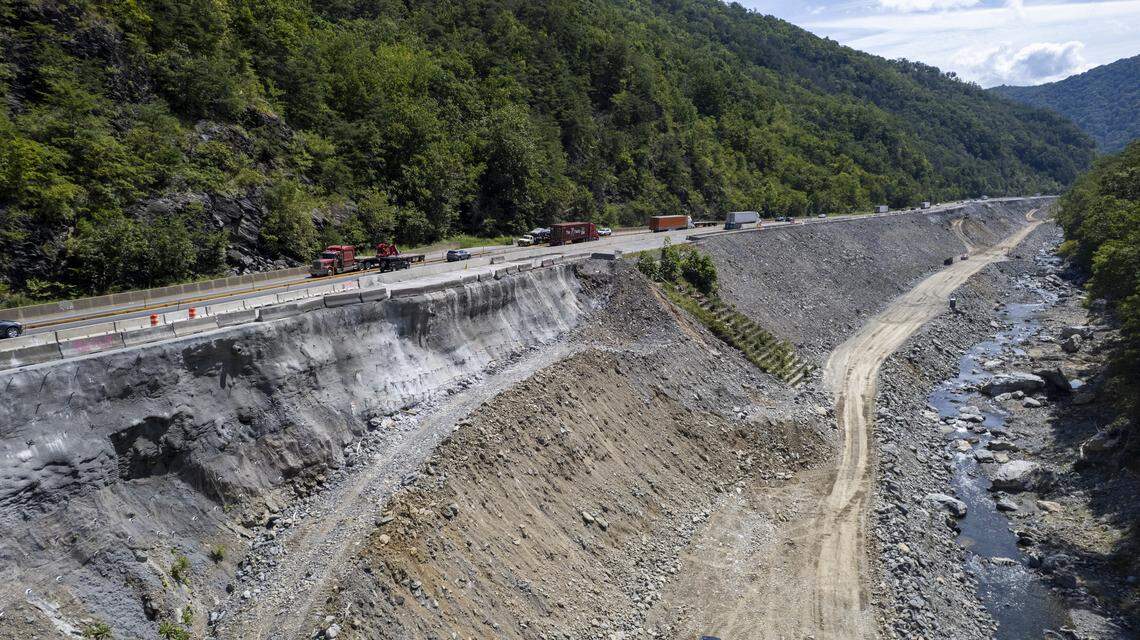 Rebuilding the eastbound lanes of I-40 in Pigeon River Gorge will require re-establishing the roadbed behind retaining walls up to 70 feet high.