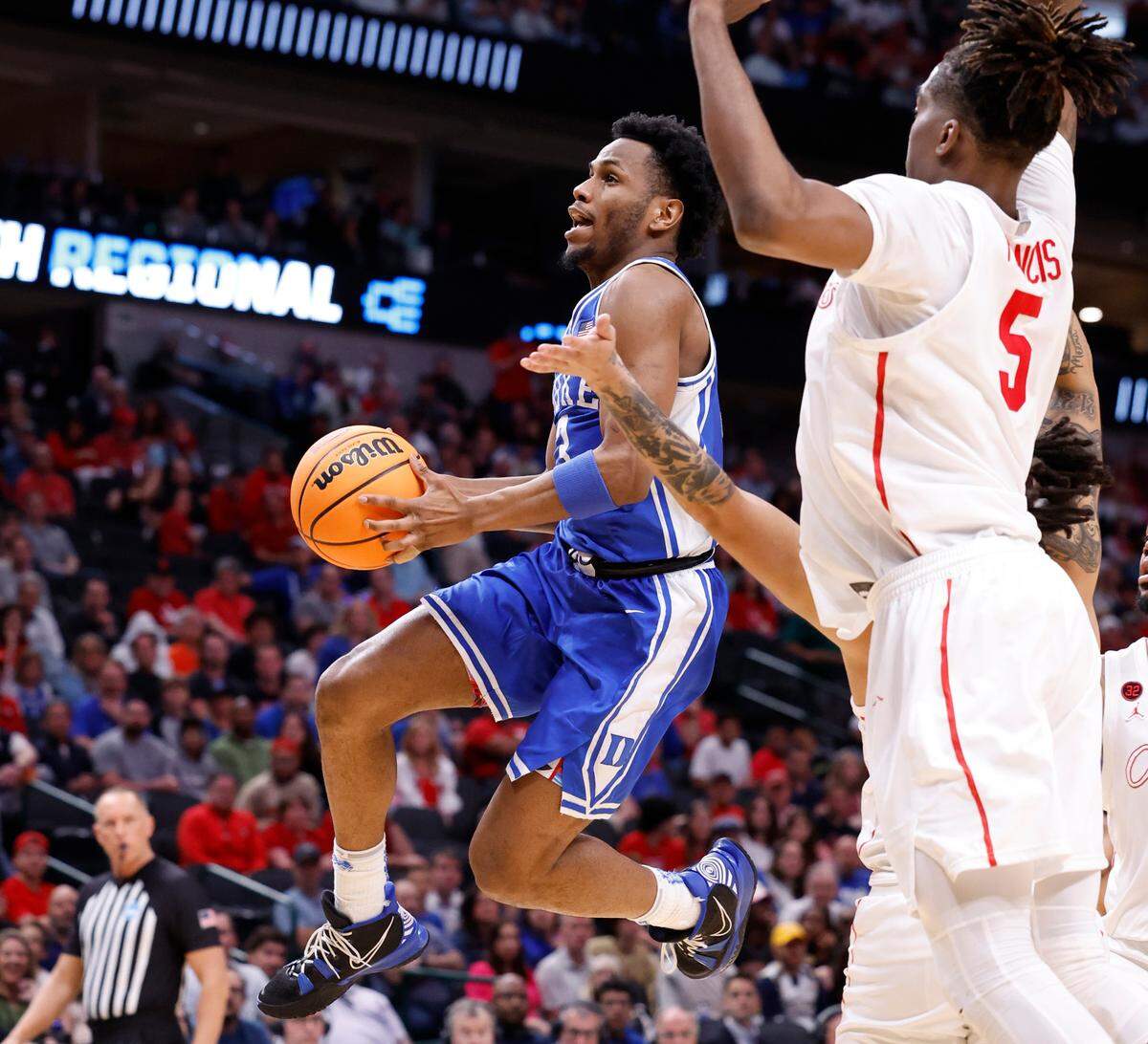 Duke’s Jeremy Roach (3) heads to the basket during the second half of Duke’s 54-51 victory over Houston in their NCAA Tournament Sweet 16 game at the American Airlines Center in Dallas, Texas, Friday, March 29, 2024.