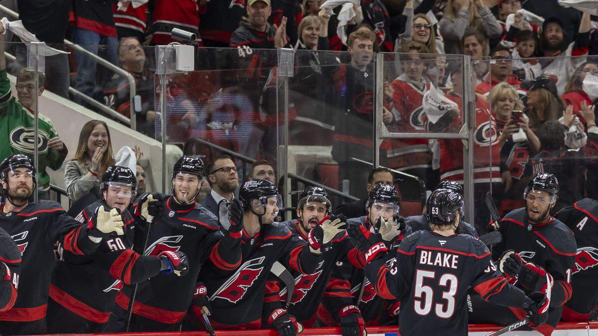 Carolina Hurricanes right wing Jackson Blake (53) skates to the bench after scoring to take a 2-0 lead over Philadelphia in the first period of Game 1 on Saturday, May 2, 2026, during the second round of the Stanley Cup Playoffs in Raleigh.