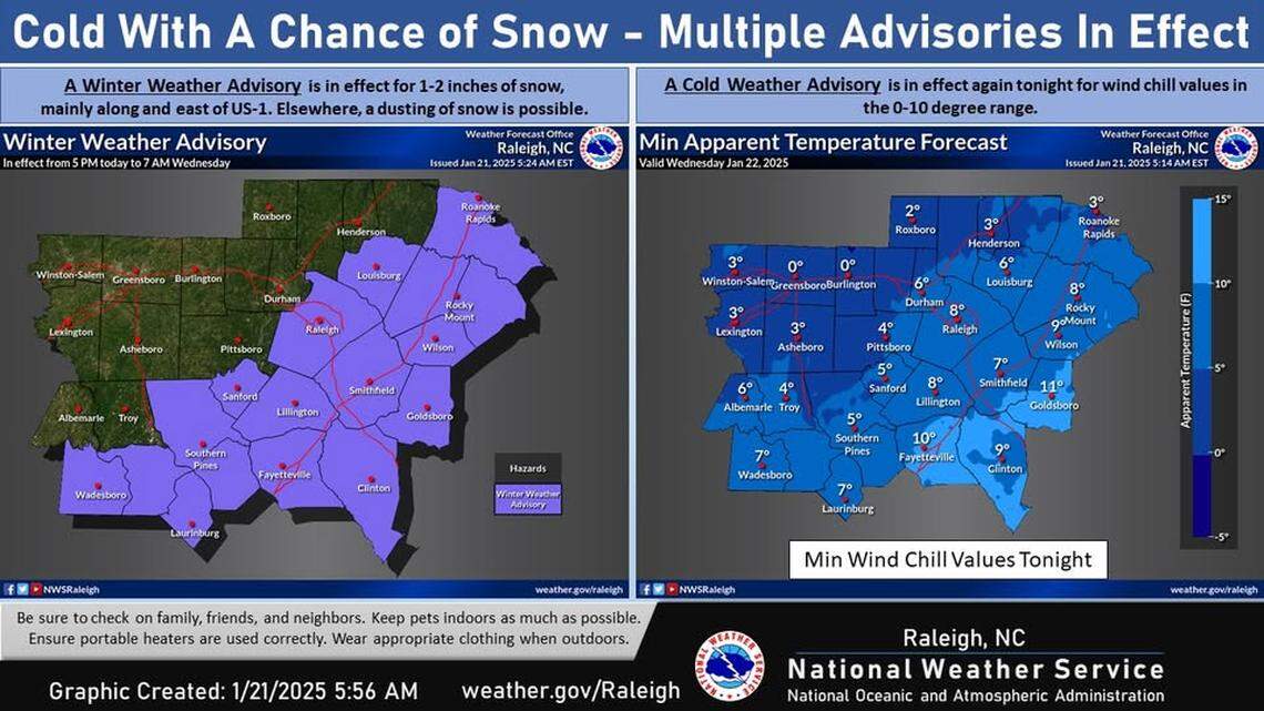 Weather advisories are in place over central North Carolina as a low-pressure system moves into the state Tuesday, Jan. 21. The heaviest snow is expected along the coast, but a dusting is possible in Raleigh and temperatures will stay dangerously cold.