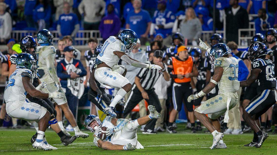 North Carolina’s Will Hardy (31) intercepts a pass by Duke quarterback Riley Leonard with two seconds to play to secure the Tar Heels’ 38-35 victory on Saturday, October 15, 2022 at Wallace-Wade Stadium in Durham, N.C.