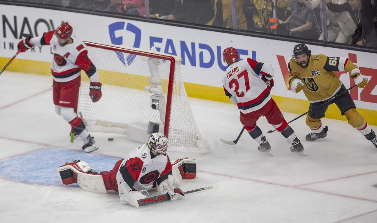 Vegas right wing Mark Stone (61) reacts after scoring on Carolina Hurricanes goalie Brandon Bussi (32), in the first period, in Game 4 of the Stanley Cup Final, on Tuesday, June 9, 2026 in Las Vegas, NV.