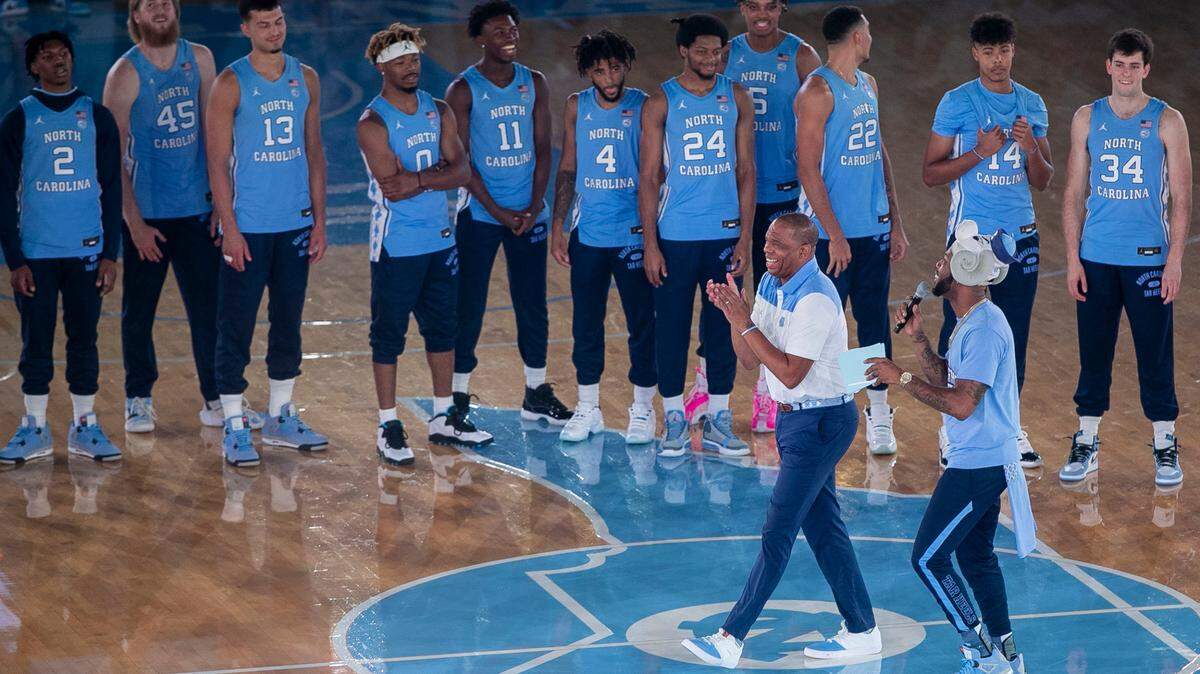 North Carolina coach Hubert Davis is introduced during the annual Carolina Basketball Late Night event to start the 2021-22 basketball season on Friday, October 15, 2021 at the Smith Center in Chapel Hill, N.C.