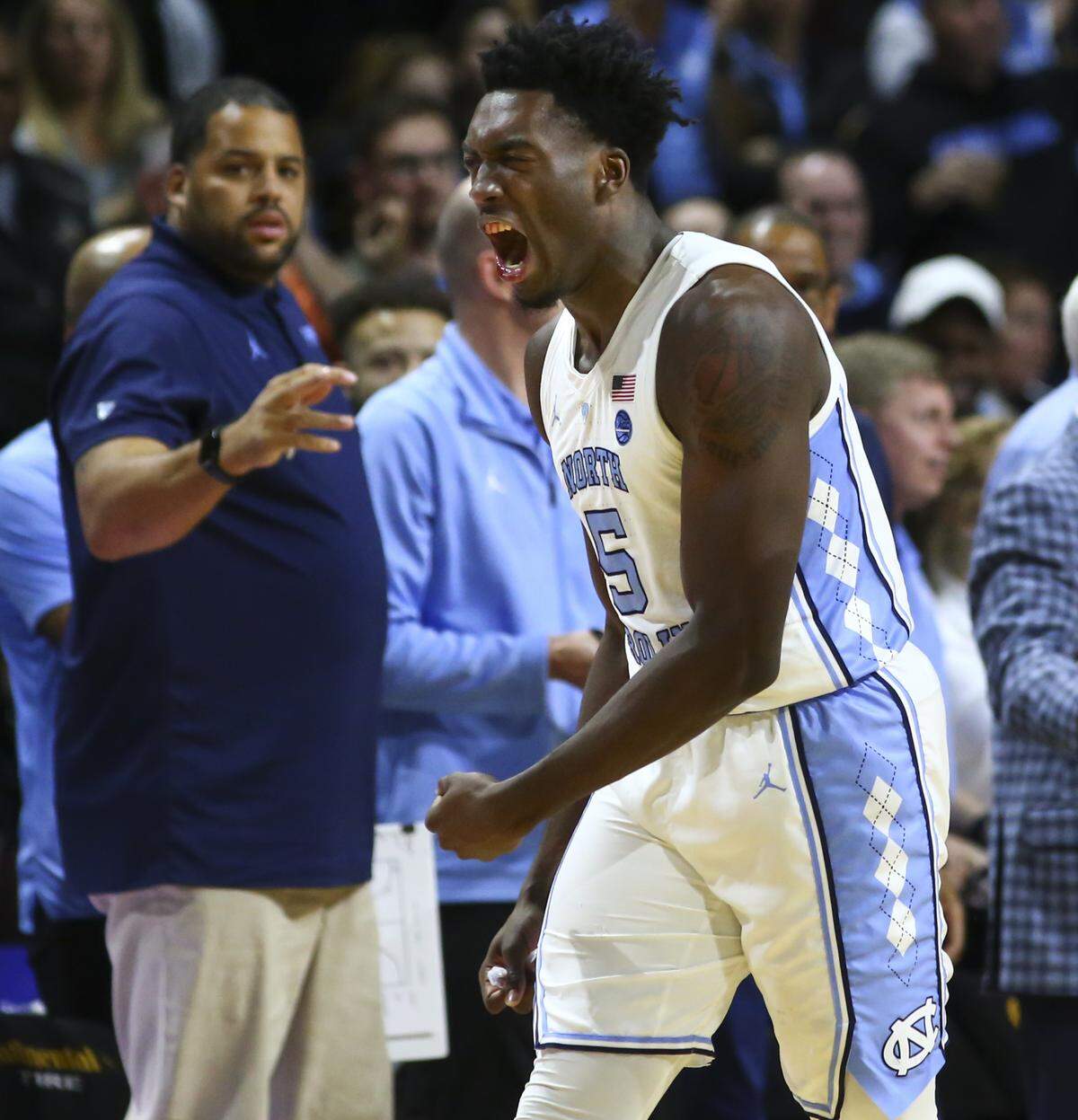 North Carolina’s Nassir Little celebrates after dunking against UCLA during the second half Friday, Nov. 23, 2018, in Las Vegas.