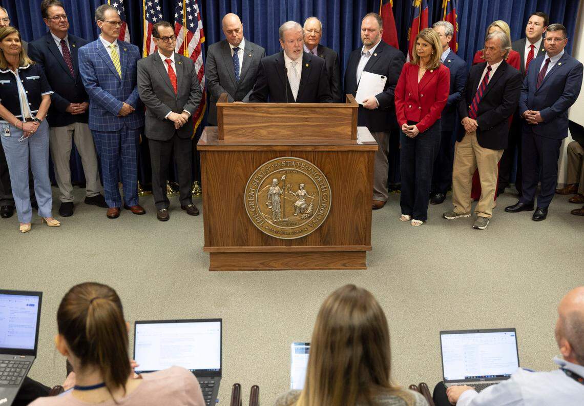 North Carolina Senate leader Phil Berger, flanked by Republican leaders, fields questions about the proposed budget during a press briefing on Monday, April 14, 2025 at the North Carolina General Assembly in Raleigh, N.C.