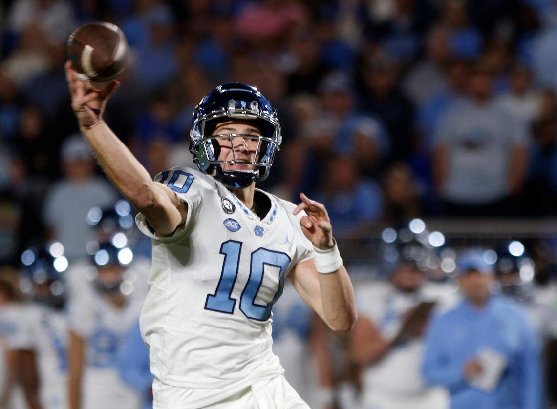 North Carolina Tar Heels quarterback Drake Maye looks to throw during the first of the Tar Heels’ game against Duke on Saturday, Oct. 15, 2022, at Wallace Wade Stadium in Durham, N.X.