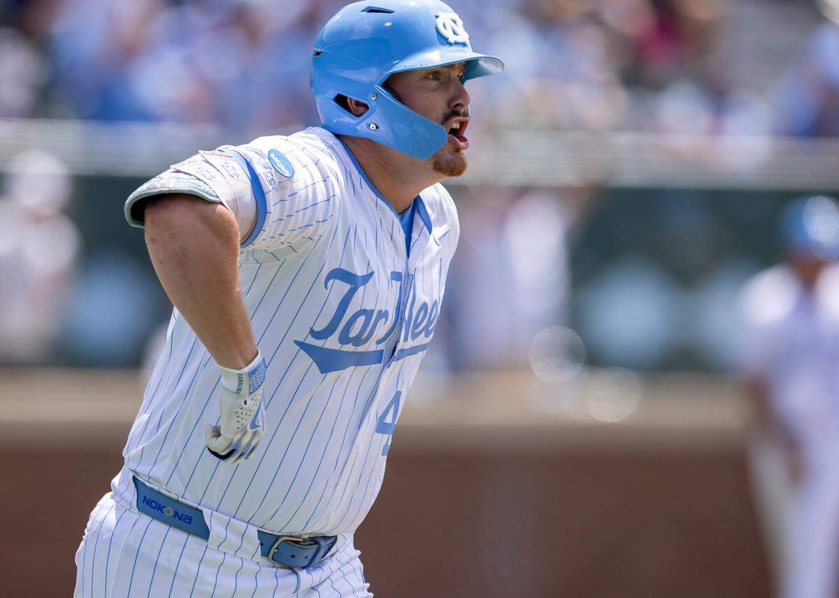 North Carolina first baseman Hunter Stokley (45) reacts after connecting for a 3 RBI home run in the first inning to take a 5-1 lead over Arizona during the NCAA Super Regional on Friday, June 6, 2025 at Boshamer Stadium in Chapel Hill, N.C.